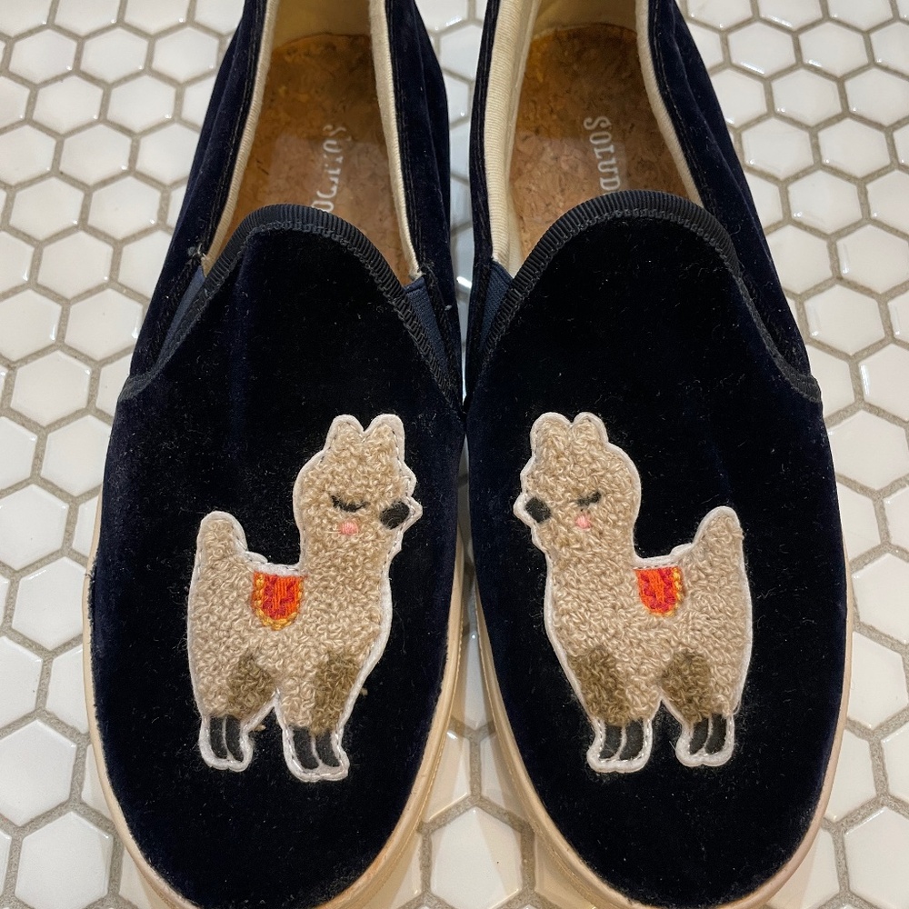 Soludos dark navy VELVET loafers with cute alpaca llamas